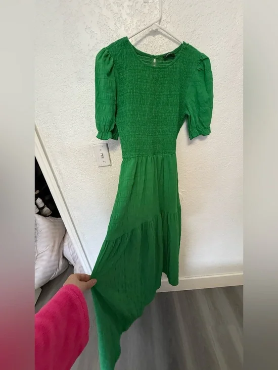 Boho Green Smocked Maxi Dress - Puff Sleeve Tiered Long Dress - Size S - Picture 3 of 15